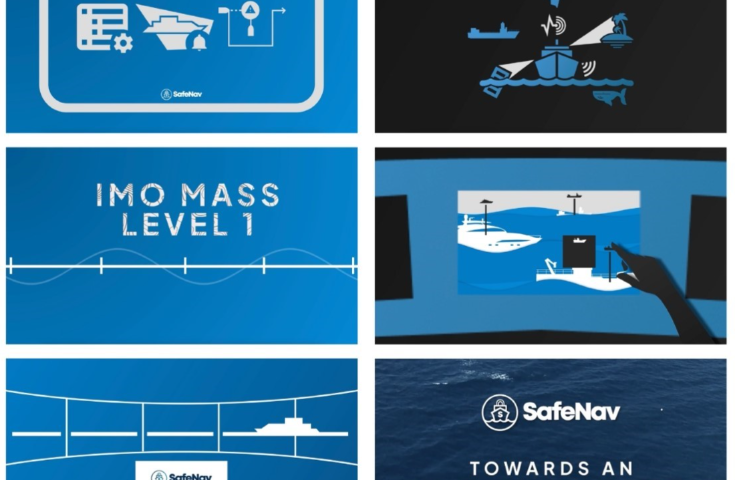Screenshots of the Demo Video, Blue and black background boxes with designs describing the SafeNav project.